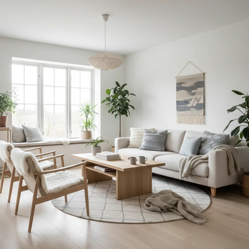 Sala de estar estilo nórdico con madera clara y luz natural