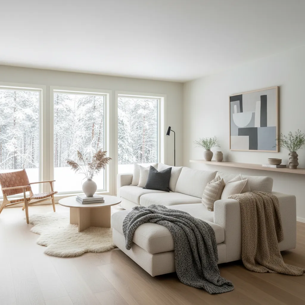 Salón de estilo nórdico con grandes ventanas y tonos claros