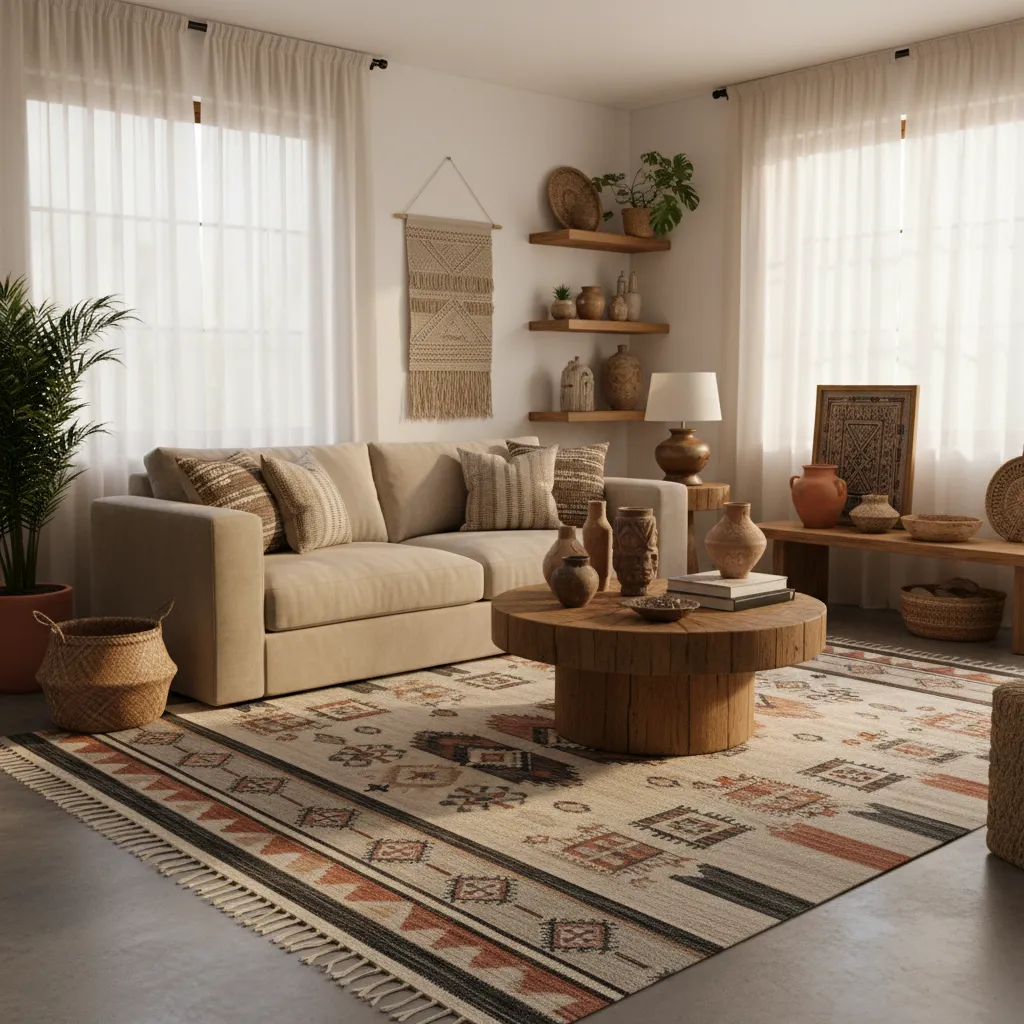 Salón con base neutra y decoración étnica equilibrada