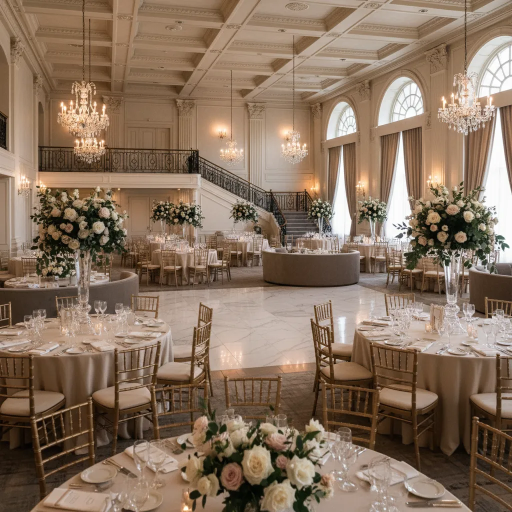 White wedding hall with gold chairs round tables flower arrangements and multiple hanging ceiling lights