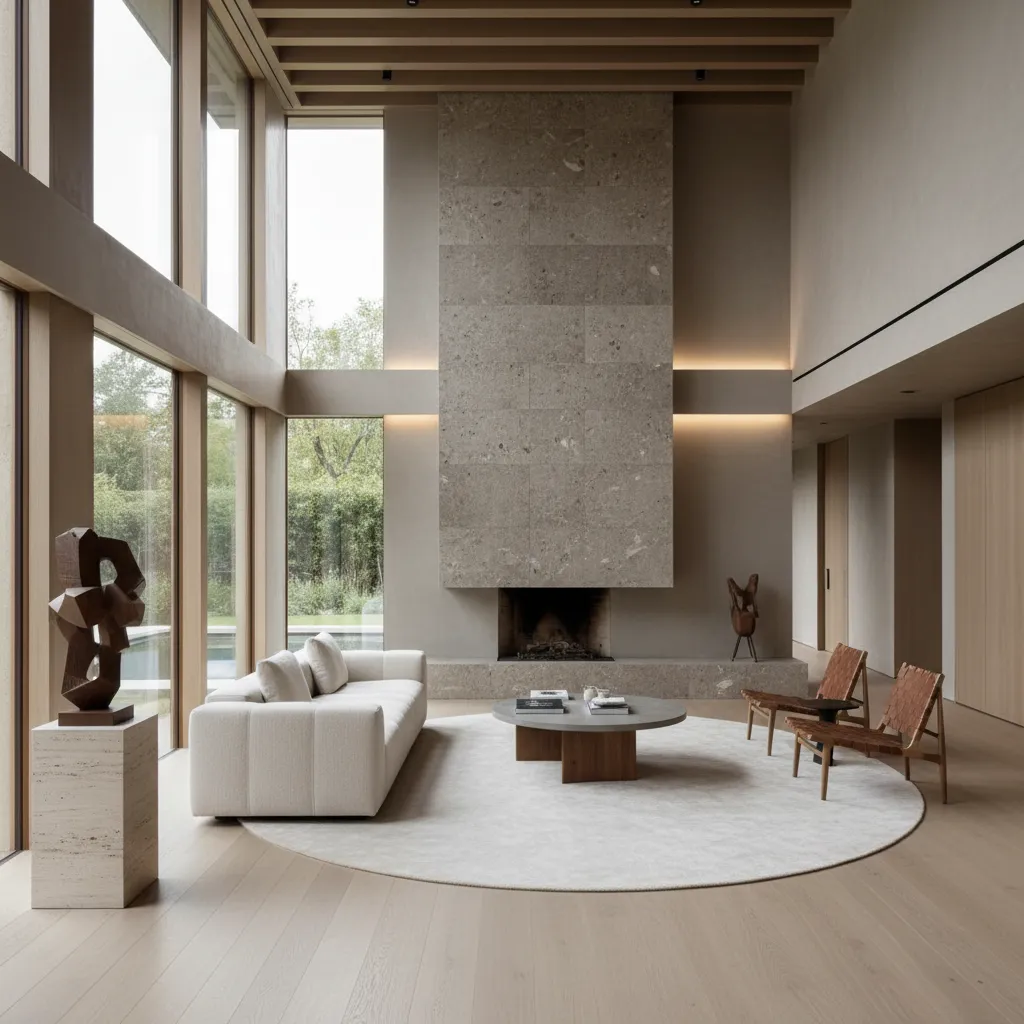 Sala de estar moderna y elegante con ventanales grandes y diseño minimalista