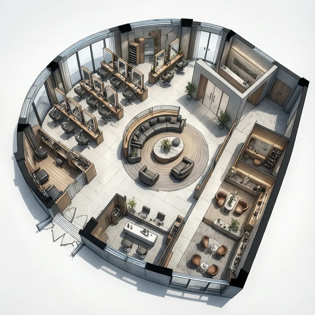 Salon floor plan diagram showing workflow paths between stations and shampoo area