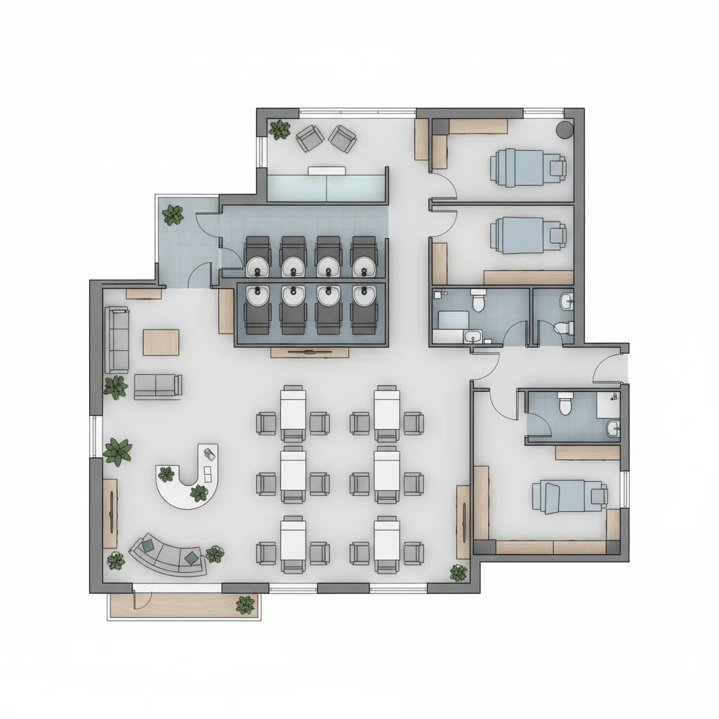 Top view salon floor plan showing reception styling and spa zones