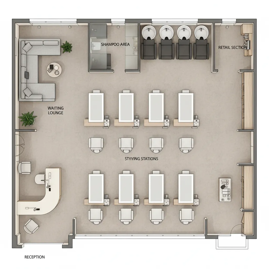 Salon floor plan zoning showing reception styling chairs and shampoo area