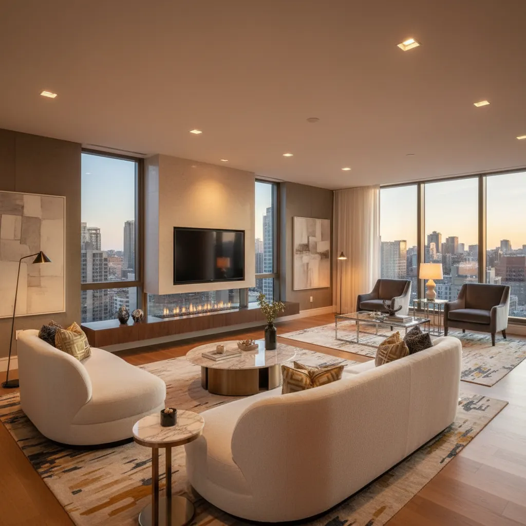 Salón grande con dos áreas de estar diferenciadas