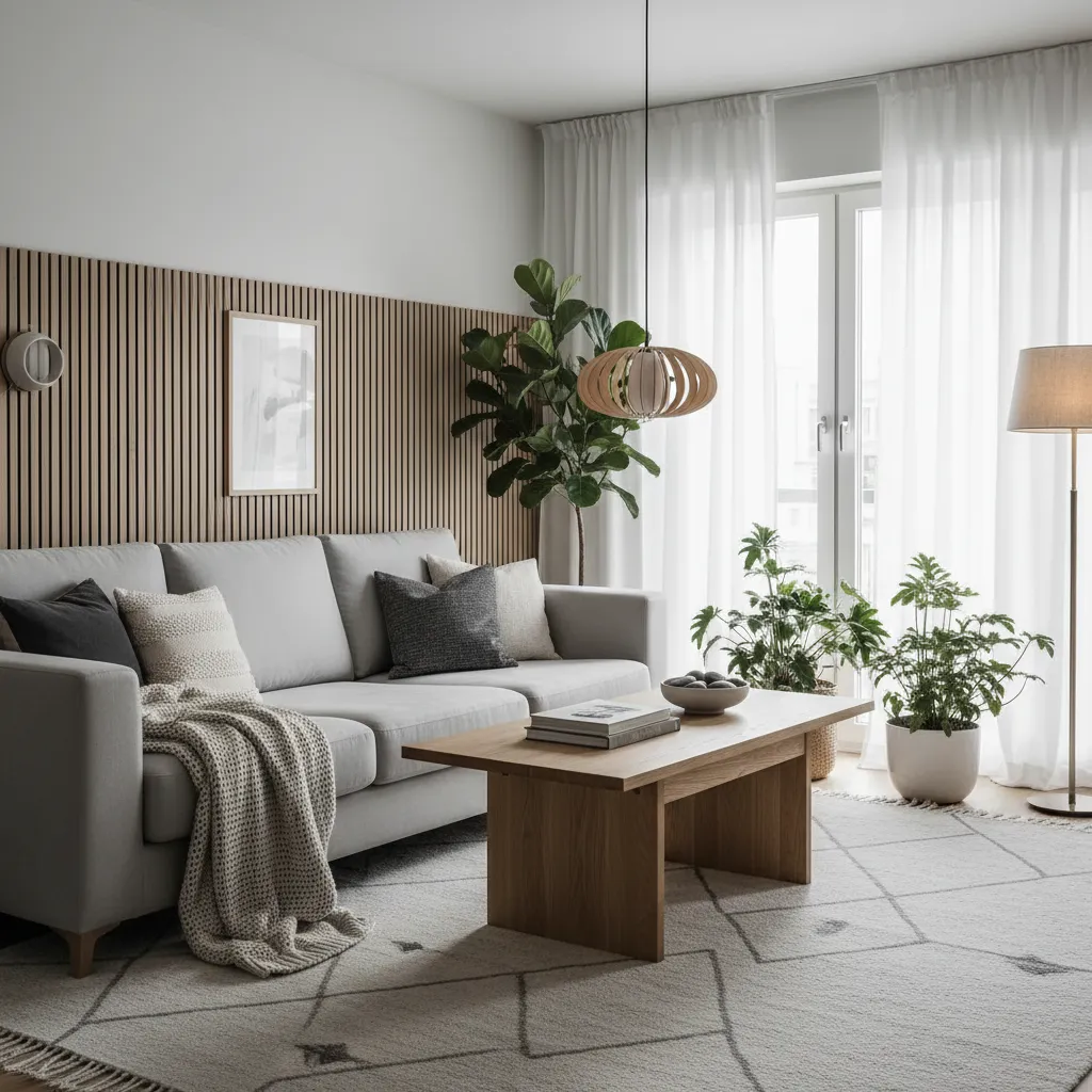 Salón gris y blanco con plantas y detalles de madera que aportan calidez