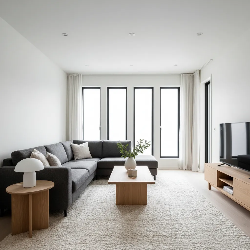 Salón elegante con sofá gris, paredes blancas y decoración minimalista
