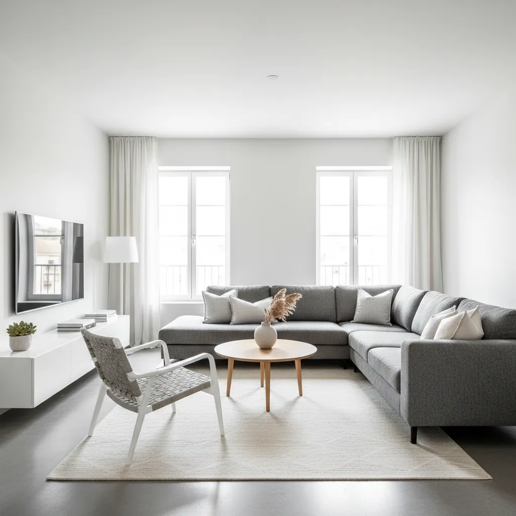Salón moderno con paredes blancas, sofá gris y decoración minimalista