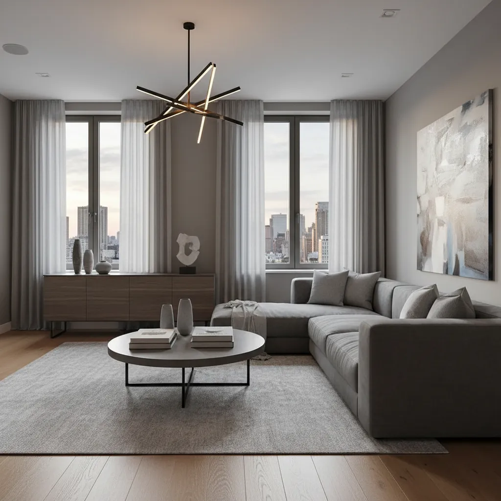 Salón moderno en tonos grises con sofá contemporáneo y grandes ventanas