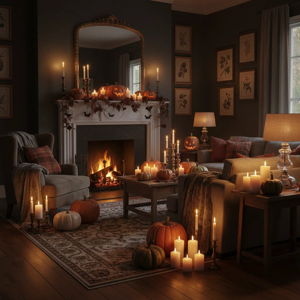 Salón con iluminación tenue y decoración de Halloween