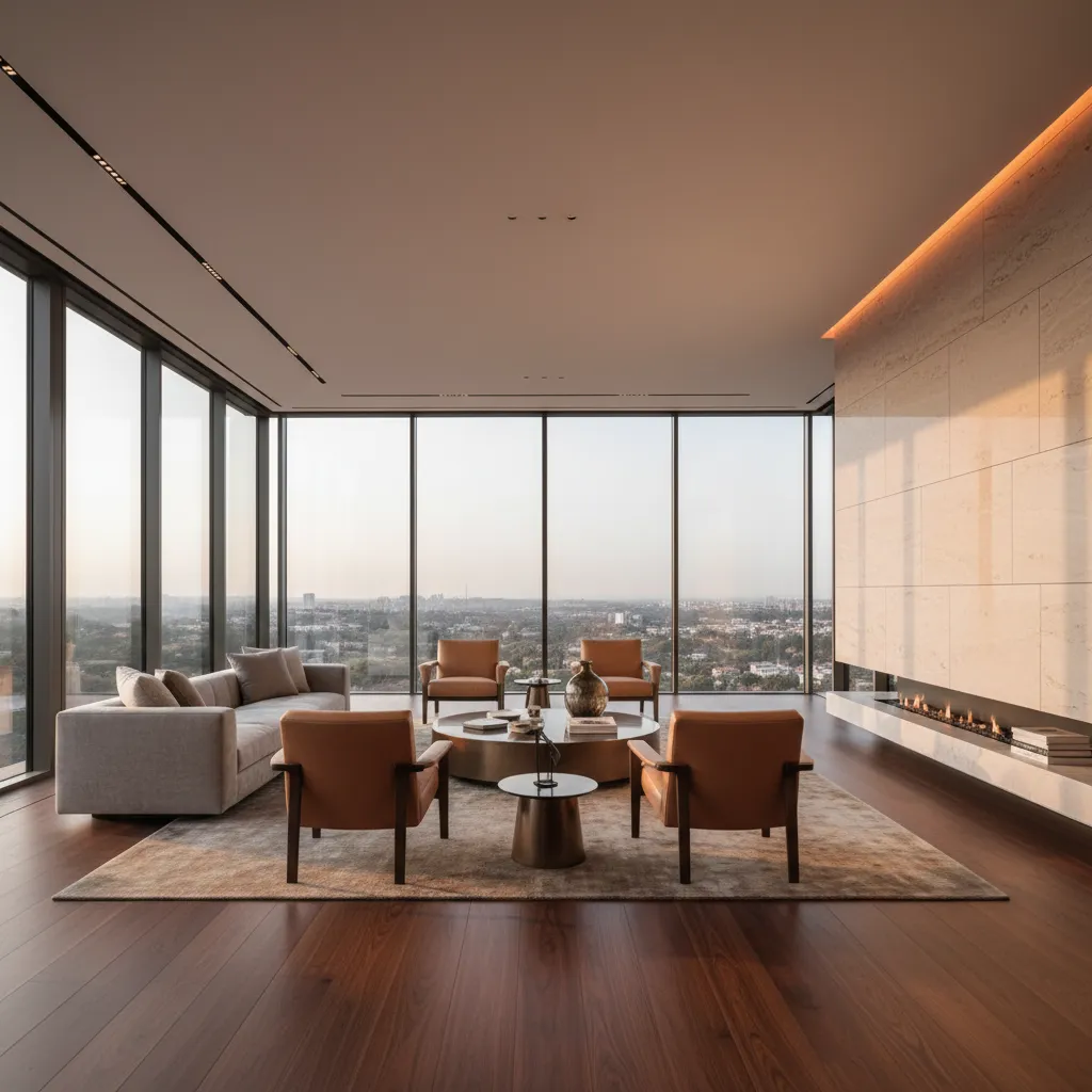 Large modern living room with grey sofa brown chairs city view windows and warm fireplace