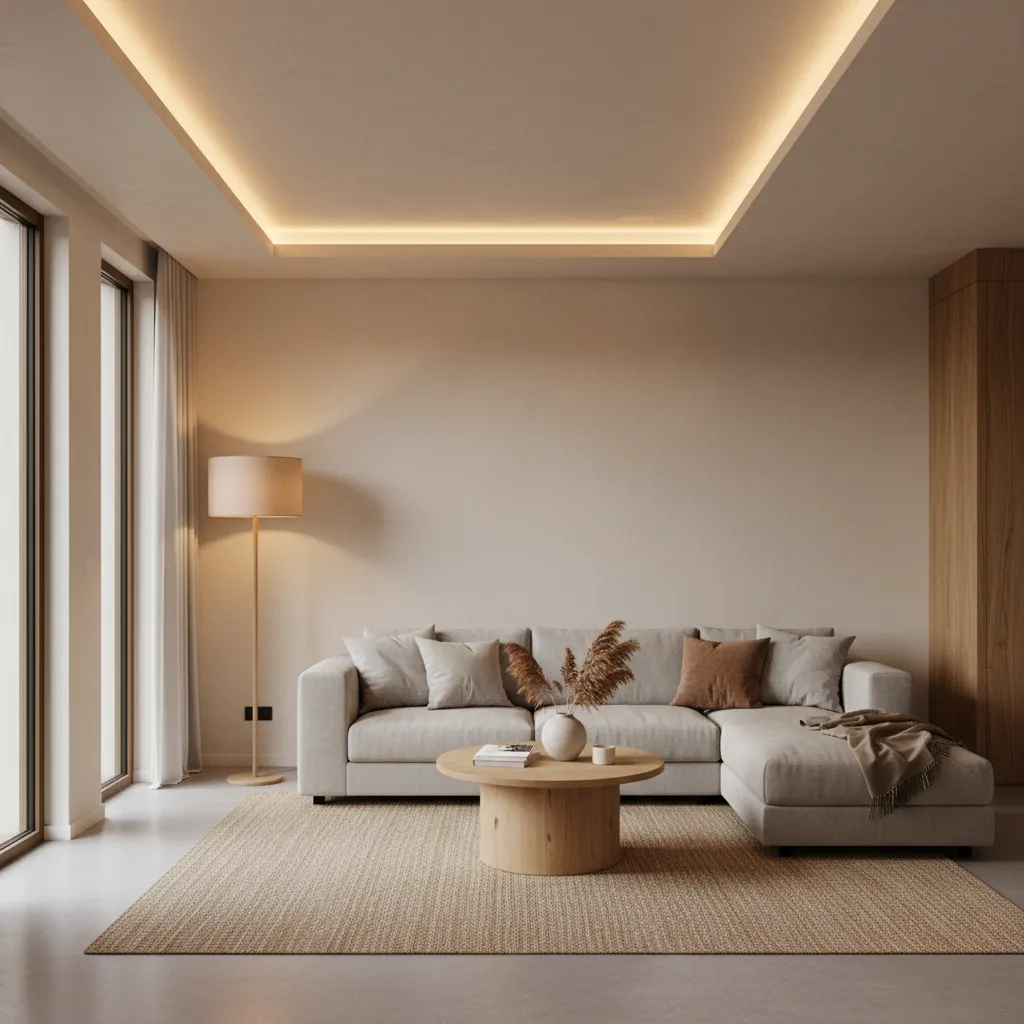 Minimalist living room with grey sofa wooden coffee table floor lamp and warm ceiling lights