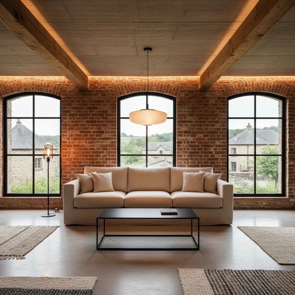 Salón de casa de pueblo con pared de ladrillo visto y mobiliario industrial minimalista
