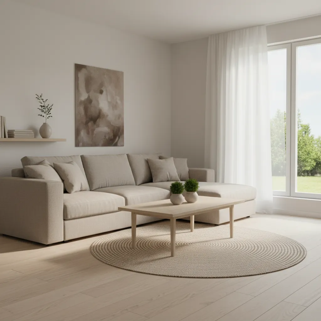 Sala de estar moderna con sofá claro, mesa de centro y gran ventana