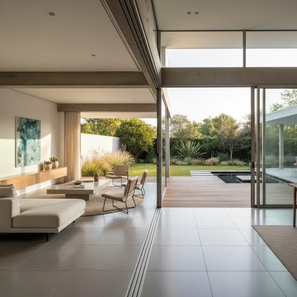 Salón conectado con jardín mediante grandes puertas correderas