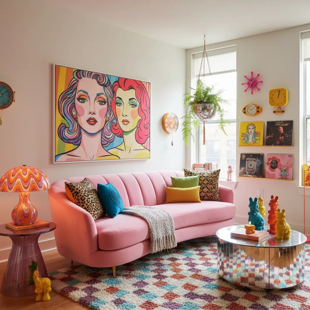 Sala de estar con sofá rosa, lámpara retro y decoración pop.