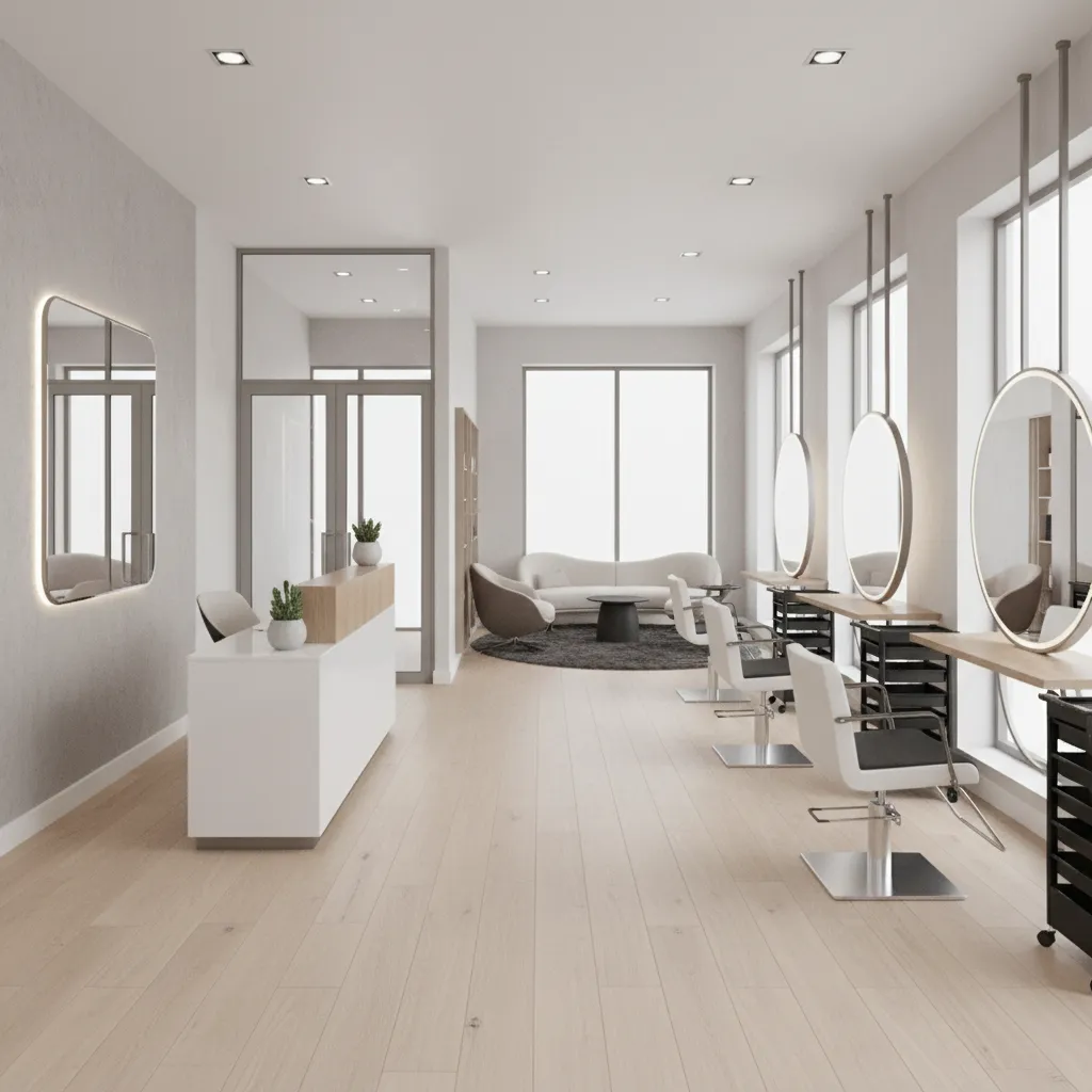 Overview of a medium size salon interior showing reception, styling stations, and clear walkways