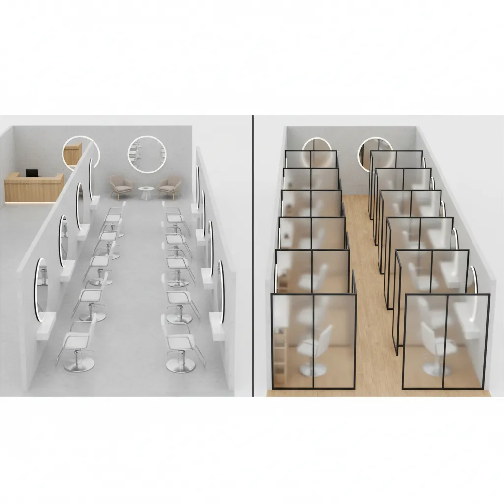 Floor plan comparison diagram showing open salon layout versus booth layout