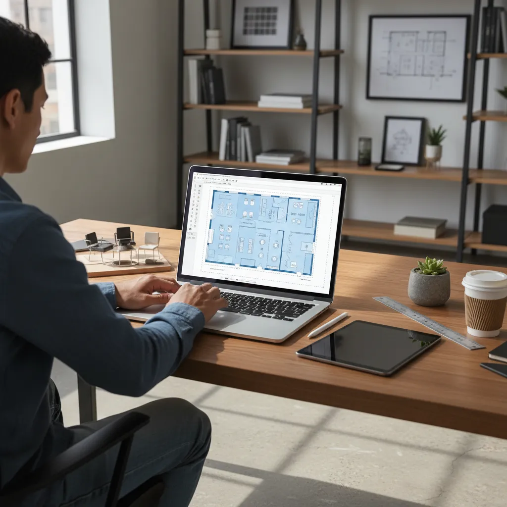 Designer planning salon floor layout using digital floor plan software