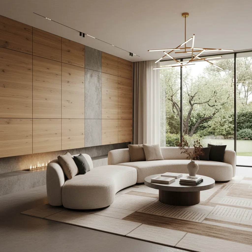 Salón de lujo con diseño contemporáneo y materiales naturales