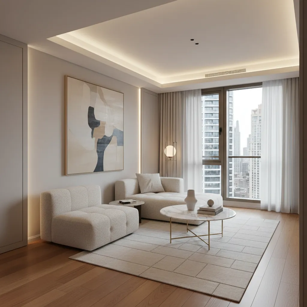 Salón elegante en una casa pequeña con muebles minimalistas y luz natural