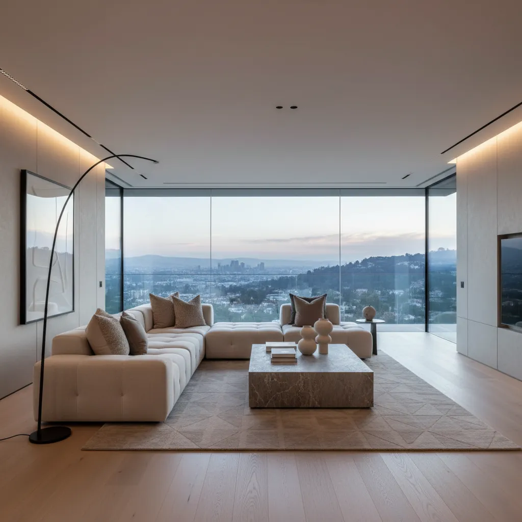 Salón amplio de casa de lujo con sofá grande, mesa de piedra y ventanales panorámicos