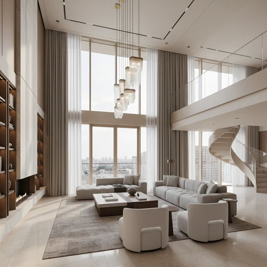 Gran salón de lujo con diseño contemporáneo y techos altos