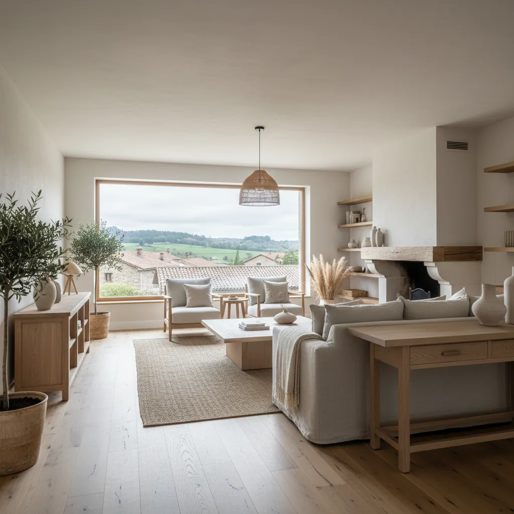 Salón con tonos claros y madera diseñado para aprovechar la luz natural