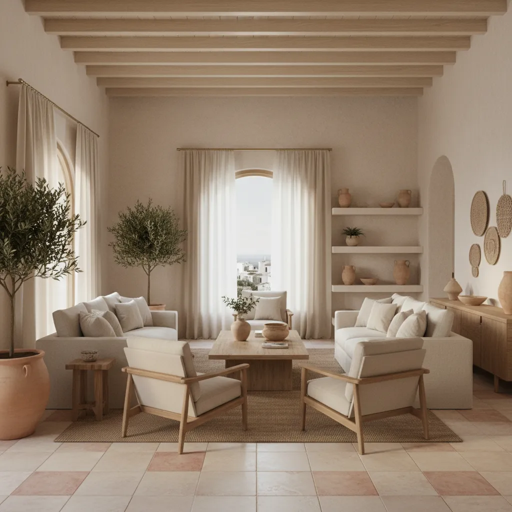 Salón moderno con elementos andaluces y luz filtrada