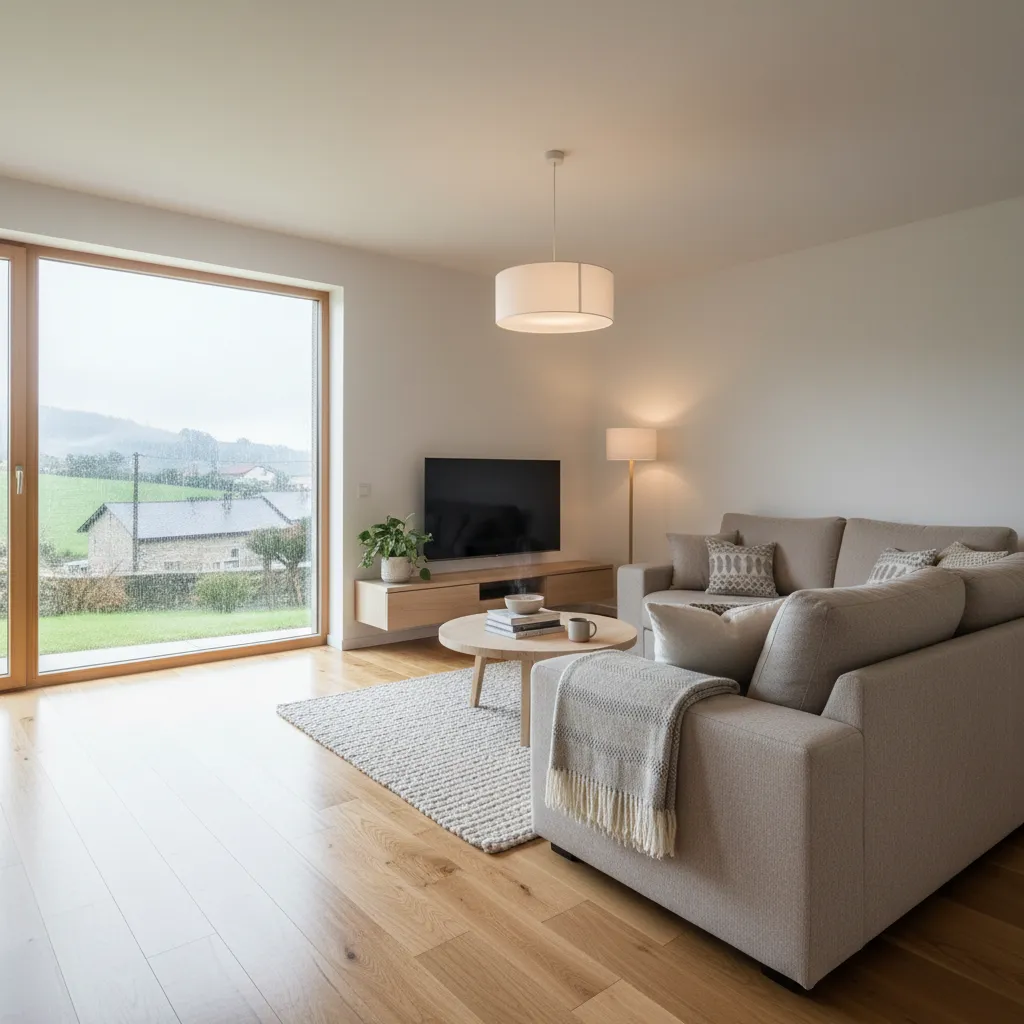 Modern bright living room with large window, wooden floor, grey sofa, and simple white ceiling light