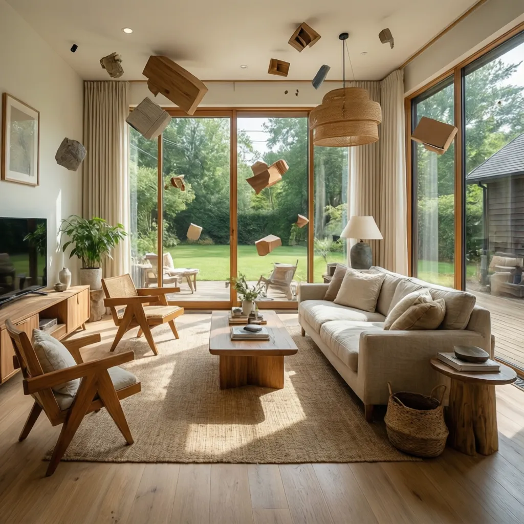 Bright living room with sofa and wooden chairs featuring floating wooden blocks and large windows