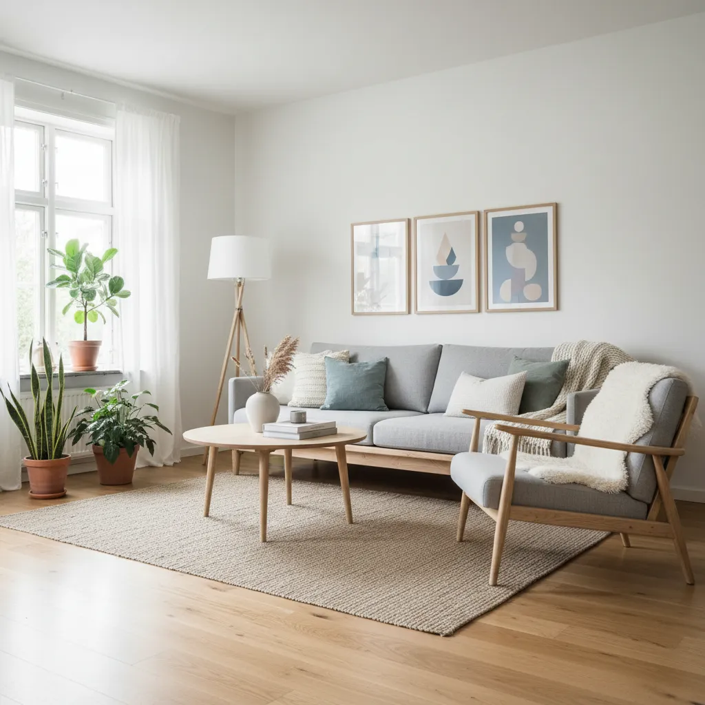 Salón estilo nórdico con muebles de madera clara