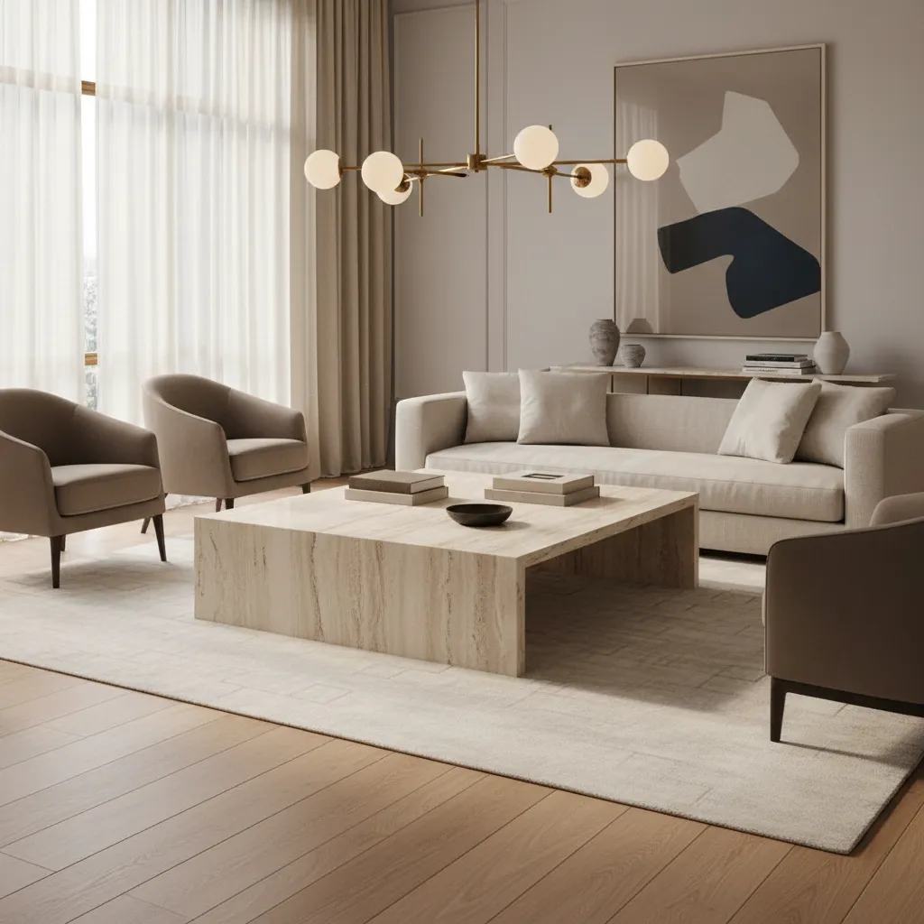 Salón con mesa de mármol, suelo de madera y detalles metálicos