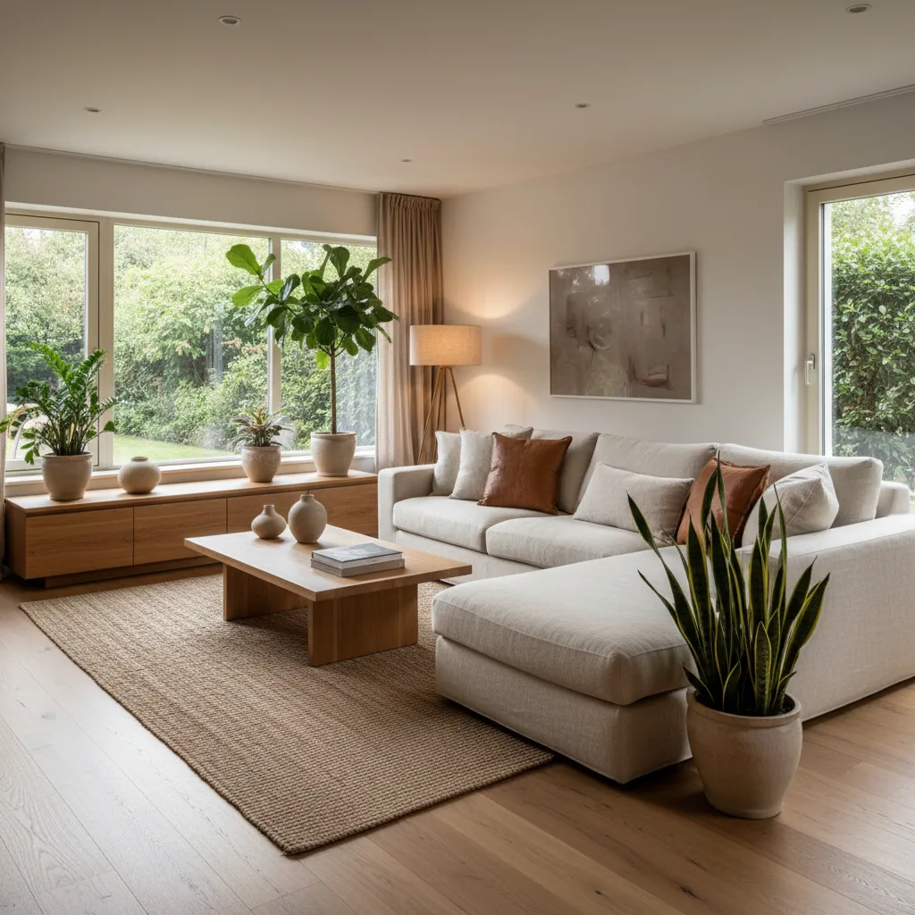 Salón con madera clara, textiles naturales y decoración moderna