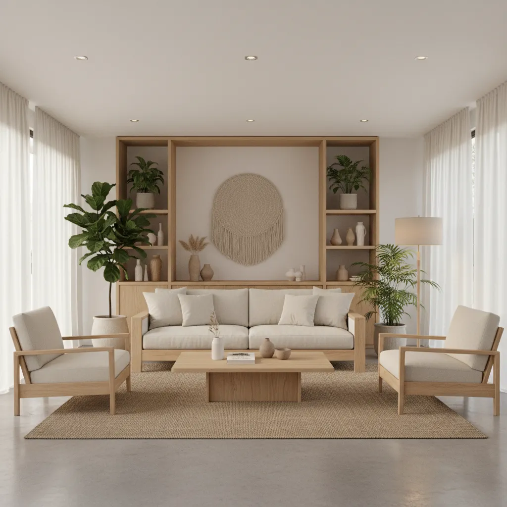 Salón contemporáneo con madera clara y textiles naturales