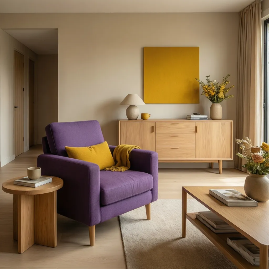 Salón con madera clara equilibrando decoración amarilla y morada