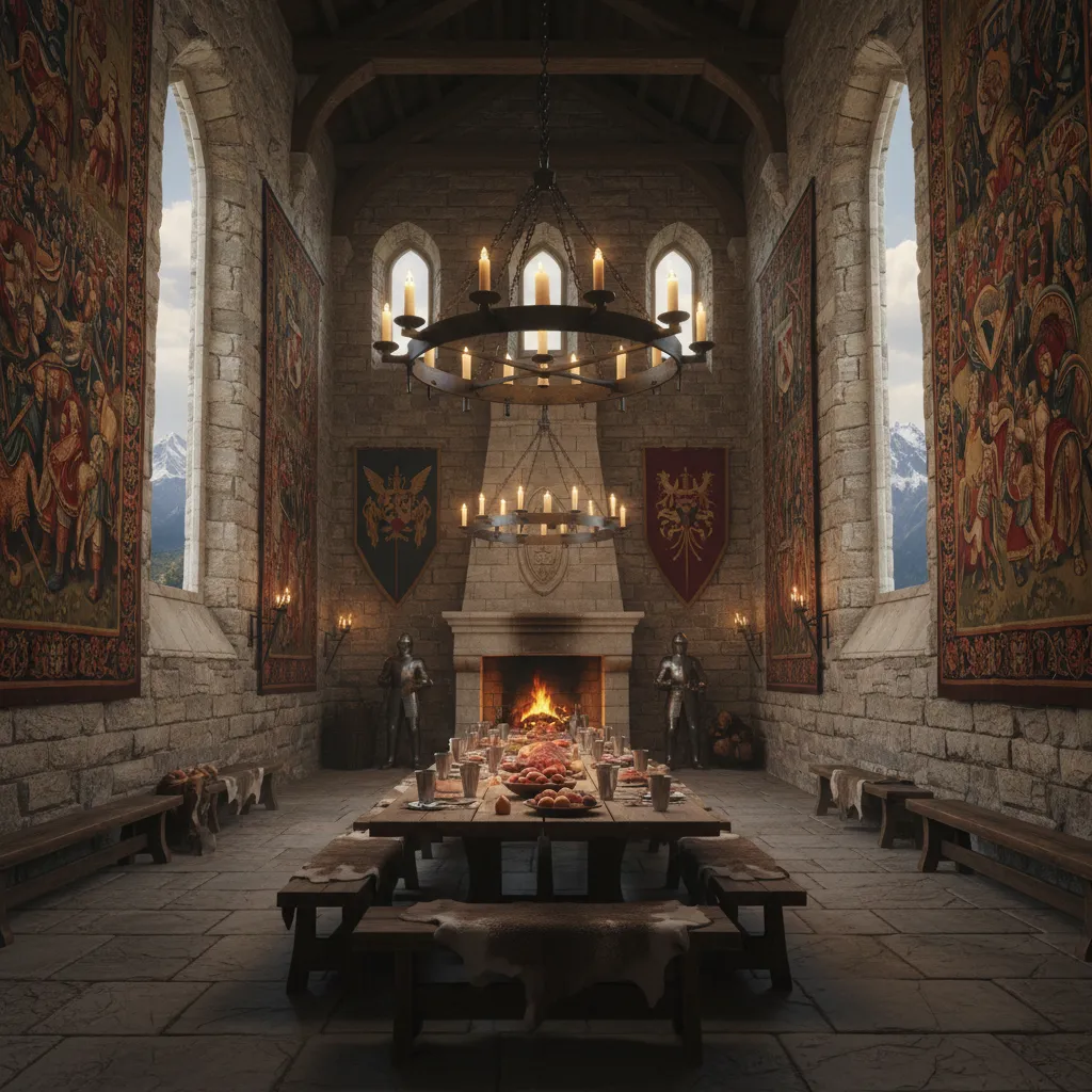 Salón medieval con tapices grandes y mesa de madera maciza