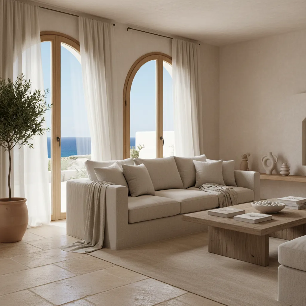 Salón mediterráneo luminoso con paredes claras y madera natural