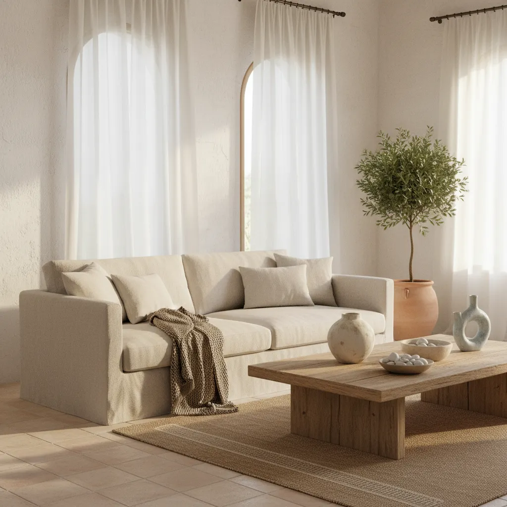 Salón mediterráneo con paredes blancas, sofá de lino y luz natural