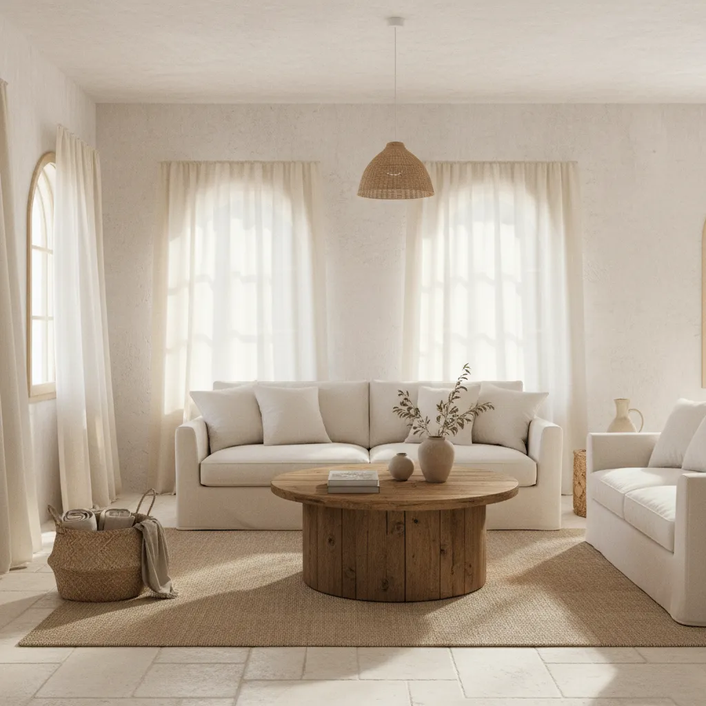 Salón mediterráneo con paredes claras y gran entrada de luz natural