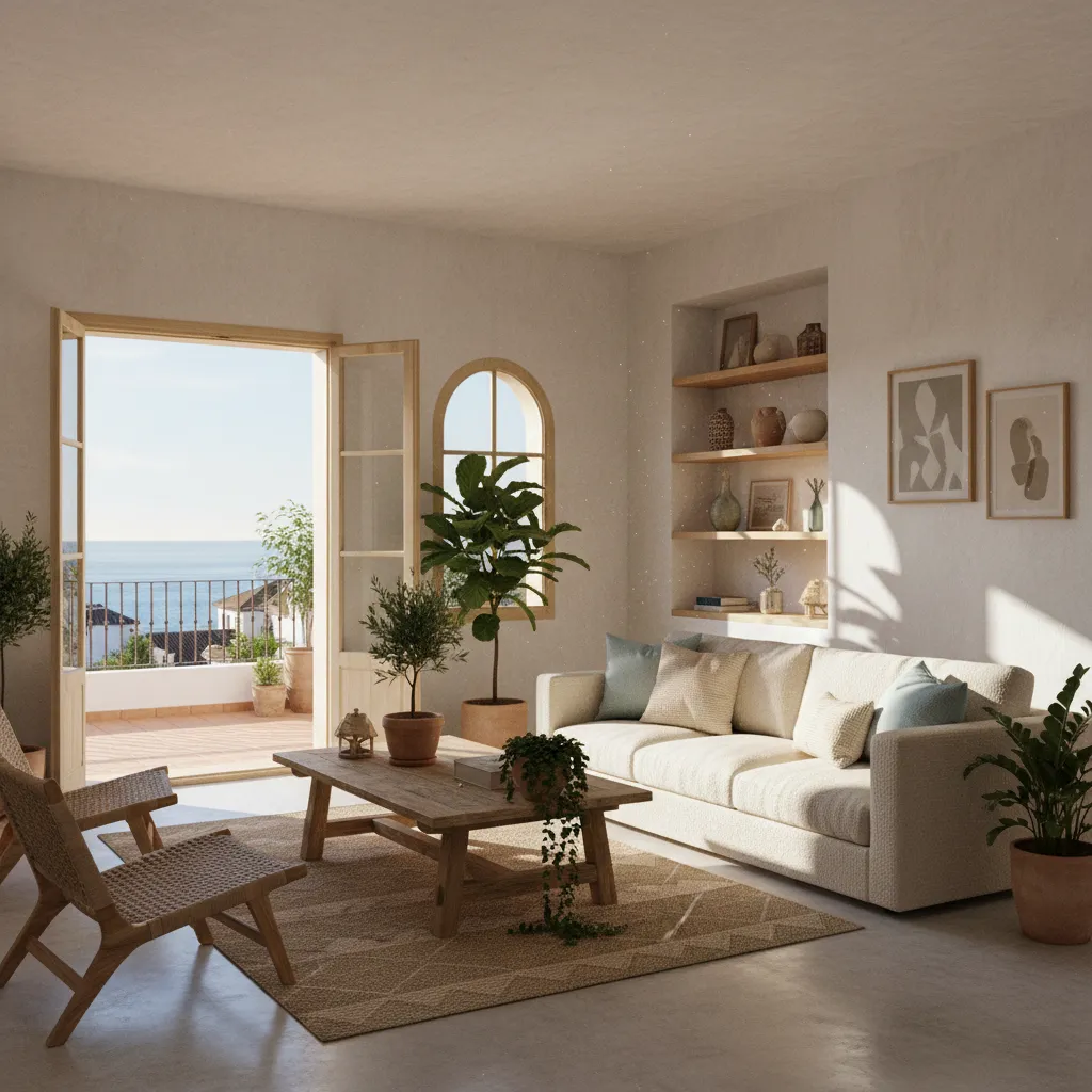Salón mediterráneo con gran entrada de luz natural y terraza