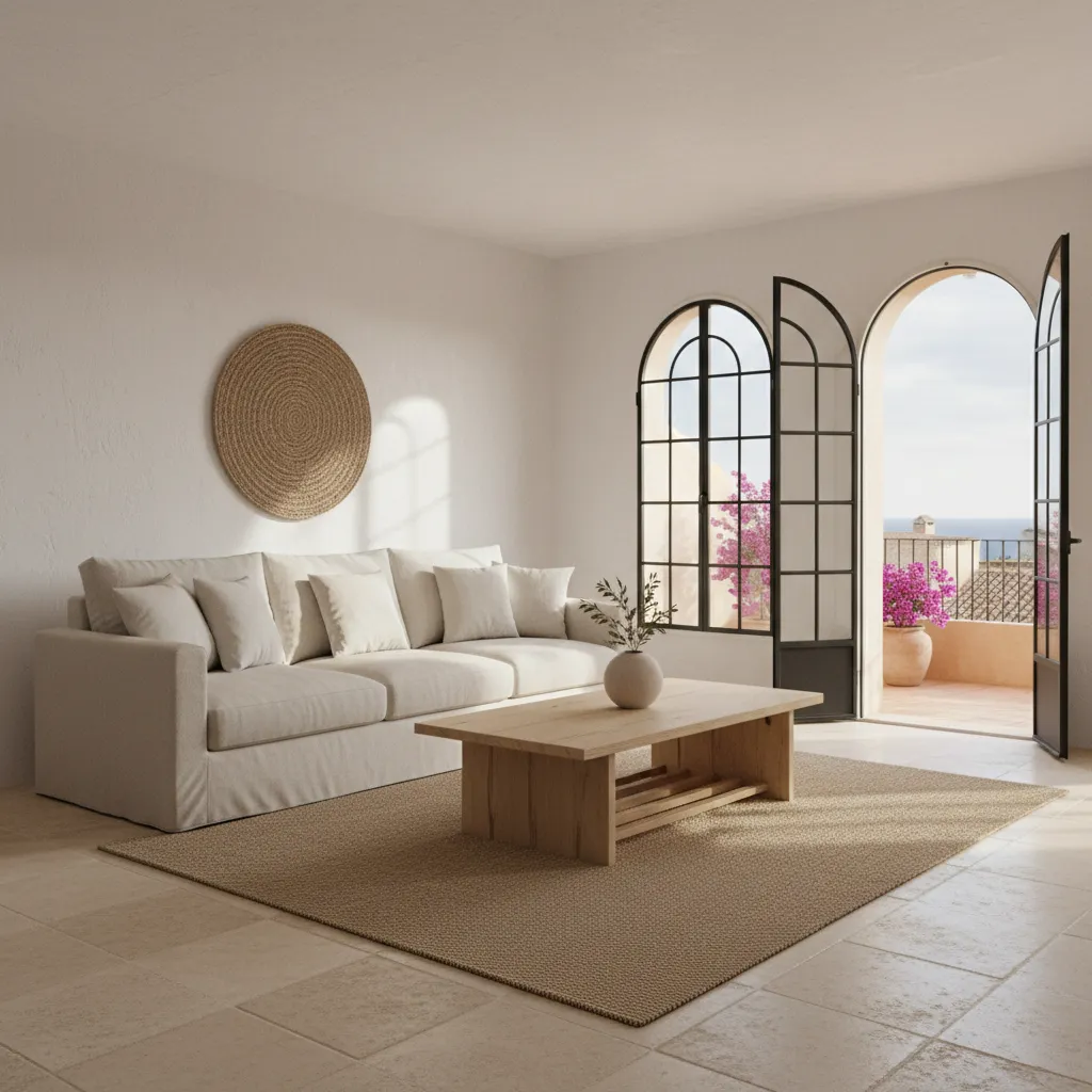 Salón mediterráneo con paredes blancas y luz natural