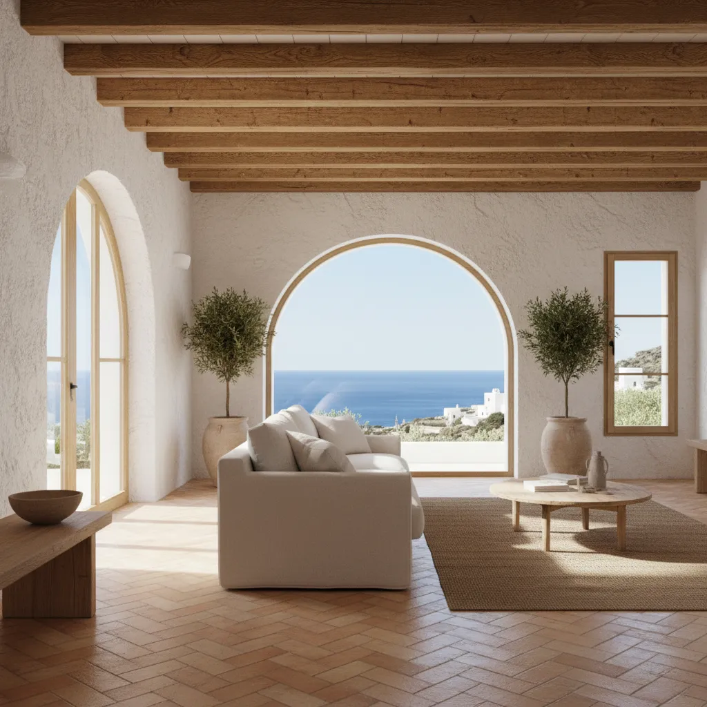 Salón mediterráneo con paredes blancas, vigas de madera y mucha luz natural