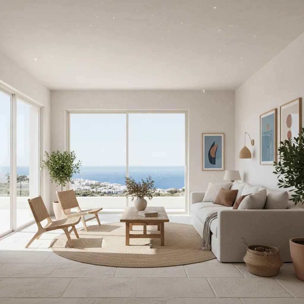 Salón con grandes ventanales y decoración mediterránea luminosa