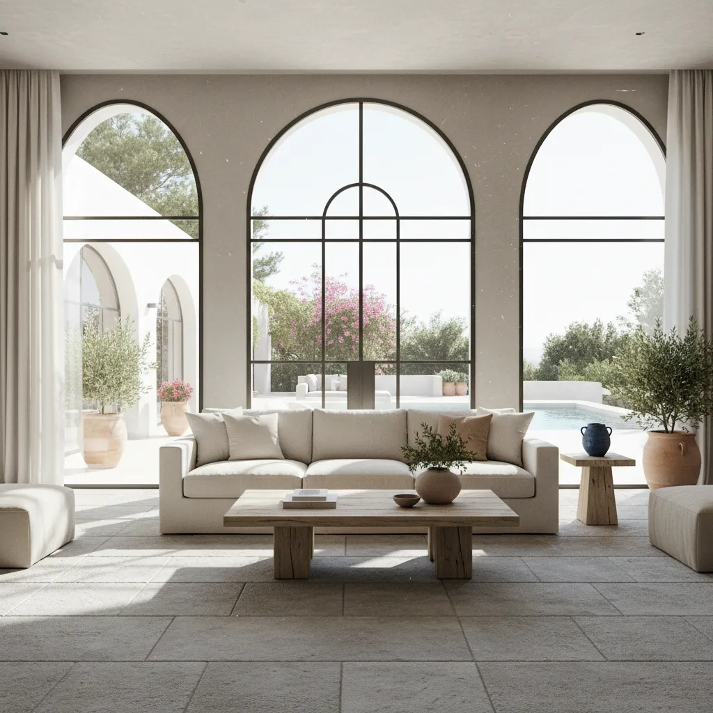 Salón mediterráneo moderno con grandes ventanales y materiales naturales
