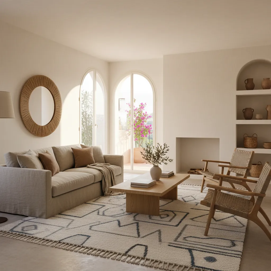 Salón moderno con tonos neutros, madera clara y luz natural