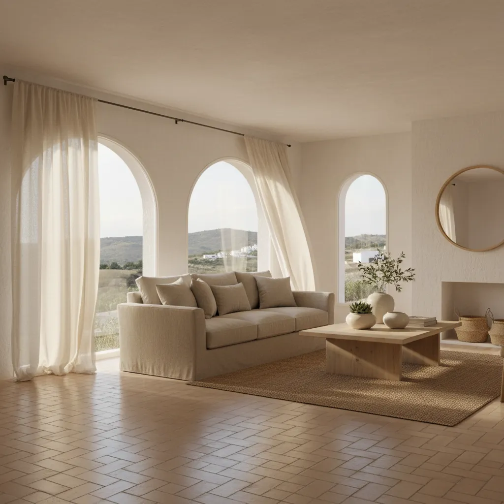 Salón mediterráneo con mucha luz natural y tonos claros