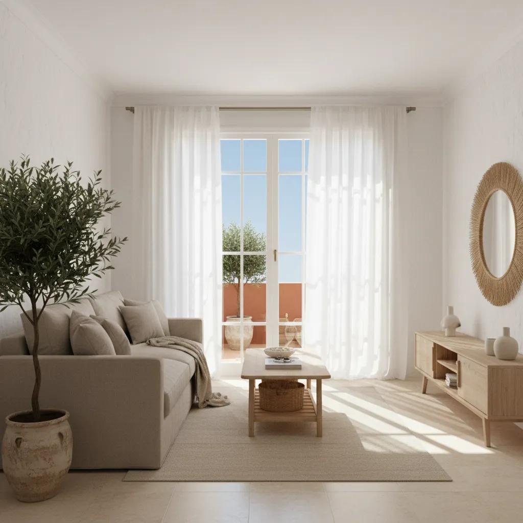 Salón mediterráneo con tonos claros y luz natural
