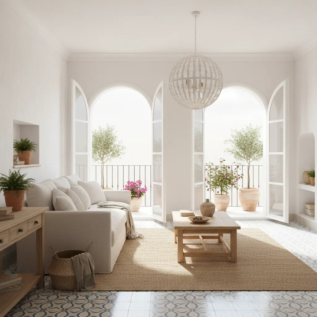 Mediterranean living room with white sofa wooden table tiled floor and large arched balcony windows