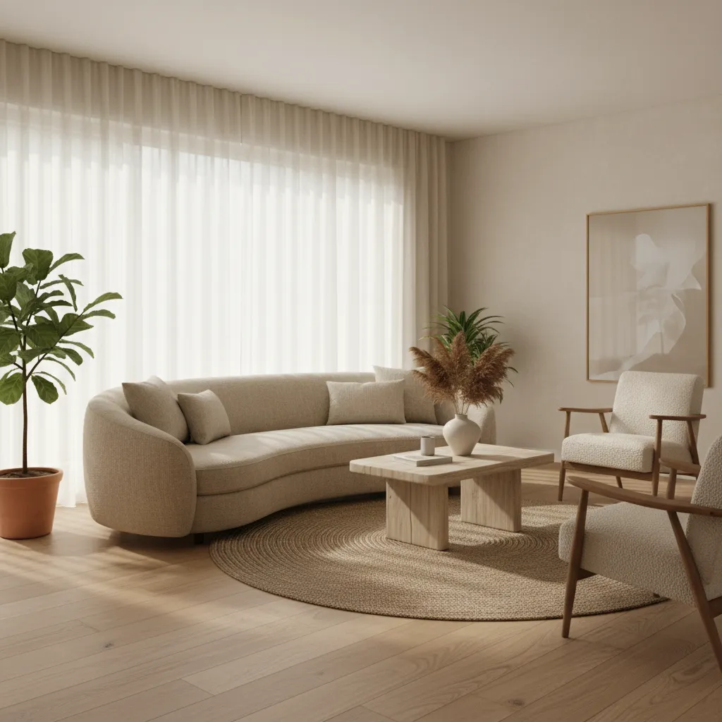 Salón de estilo minimalismo cálido con sofá curvo y madera clara